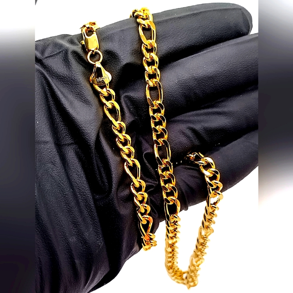 14K 24" FIGARO LINK CHAIN 7 mm Gold Necklace-USA MADE. Marked 14kt GP - Picture 5 of 6